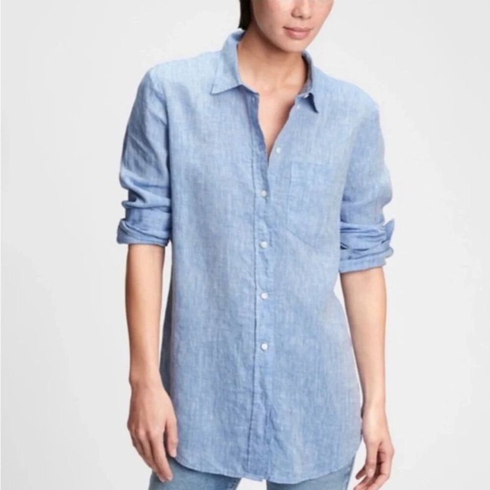 GAP 100% Linen Boyfriend Shirt Womens M Blue Button Up Breathable Coastal Preppy